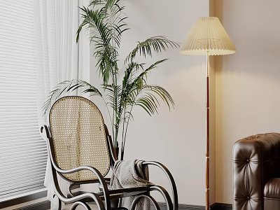 Cozy Rattan Leisure Chair With Palm Plant Floor Lamp And Leather Sofa By White Curtains 3d model