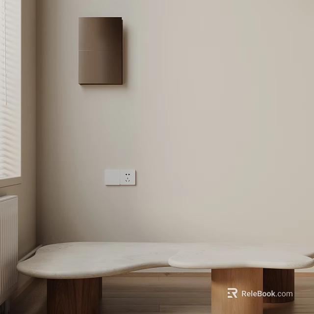 Beige Sofa Wooden Coffee Table Set With Beige Walls Brown Decor Blinds And Radiator 3d model 