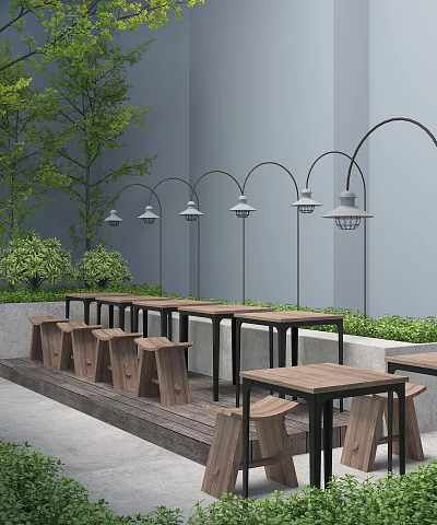 Outdoor Wooden Top Tables With Black Metal Frames And Curved Lamps In Garden Setting 3d model