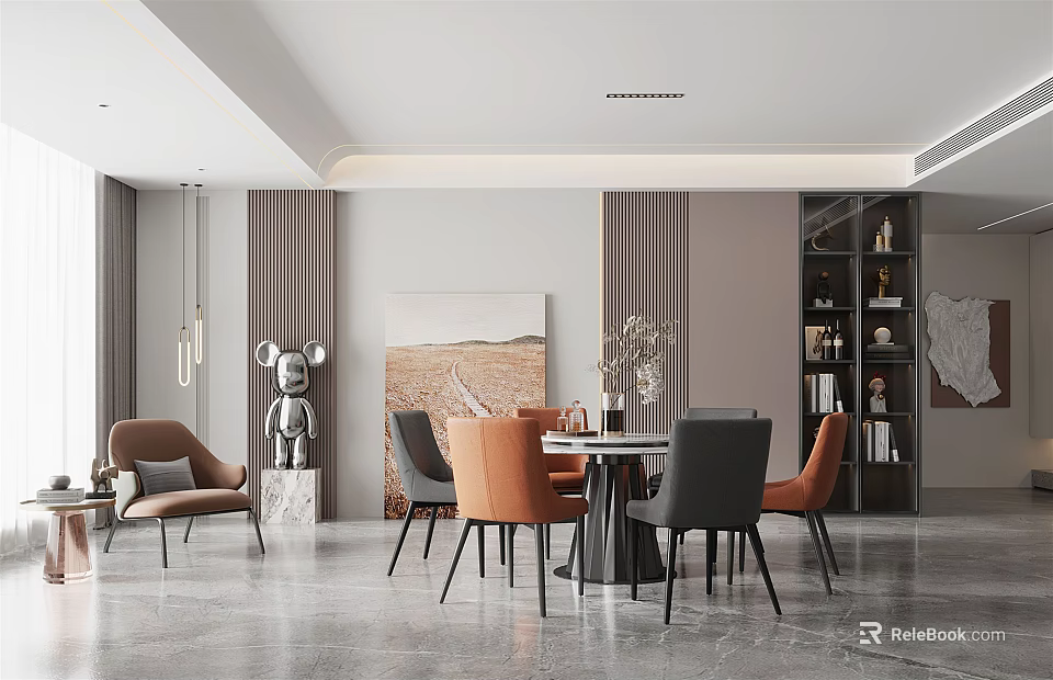 Elegant Modern Restaurant Interior With Dining Table Chairs And Decorative Artwork 3d model