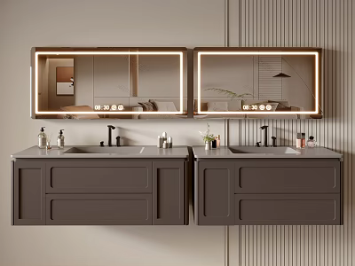 Modern Double Bathroom Vanity with Gray Cabinetry Matte Black Faucets and Backlit Mirrors 3d model