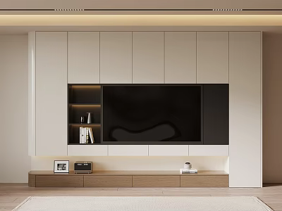 Modern TV Stand With White Cabinets Wooden Base And Storage Shelves For Living Room TV 3d model