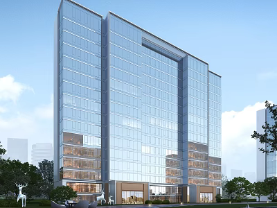 Modern High Rise Office Building With Glass Curtain Wall And Landscaped Entrance 3d model