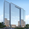 Modern High Rise Office Building With Glass Curtain Wall And Landscaped Entrance