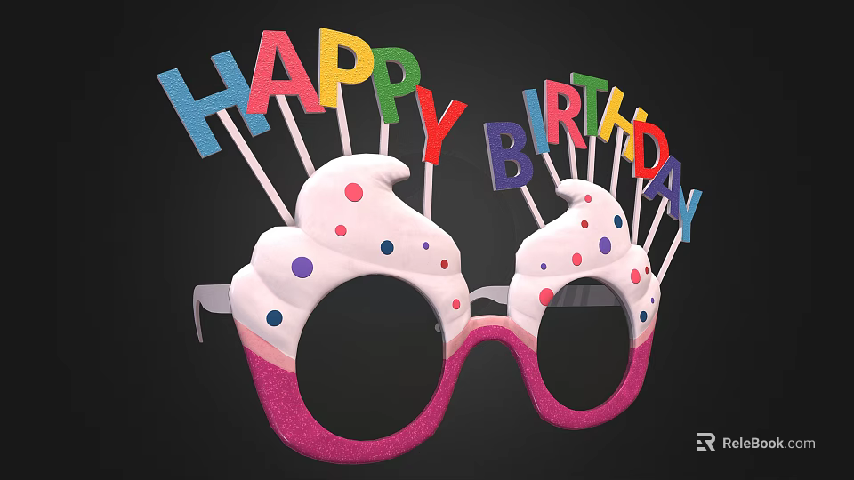 Festive Birthday Party Glasses With Colorful Happy Birthday Letters Cream Design And Pink Sparkly Frames 3d model 