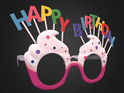 Festive Birthday Party Glasses With Colorful Happy Birthday Letters Cream Design And Pink Sparkly Frames 3d model