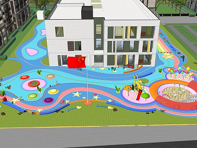 Colorful Ground With White Building Chinese Flag And Children Playground Facilities Near Lawn 3d model
