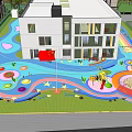 Colorful Ground With White Building Chinese Flag And Children Playground Facilities Near Lawn