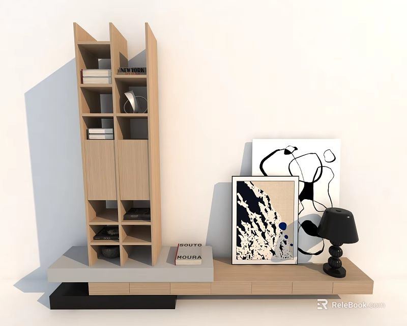 Modern Light Wood TV Stand With Bookshelf Magazine Artworks And Black Table Lamp 3d model 