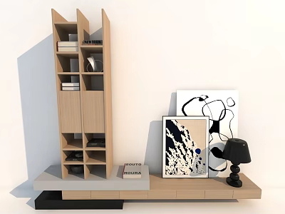 Modern Light Wood TV Stand With Bookshelf Magazine Artworks And Black Table Lamp 3d model