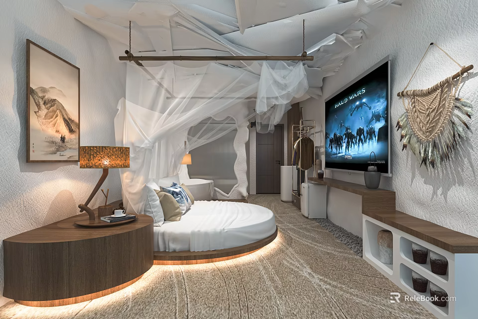 Hotel Guest Room Featuring Round Bed White Canopy Flat Screen TV And Ambient Lighting 3d model 