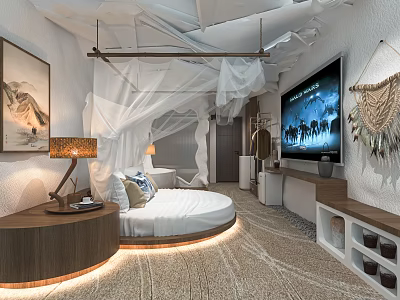 Hotel Guest Room Featuring Round Bed White Canopy Flat Screen TV And Ambient Lighting 3d model