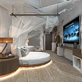 Hotel Guest Room Featuring Round Bed White Canopy Flat Screen TV And Ambient Lighting