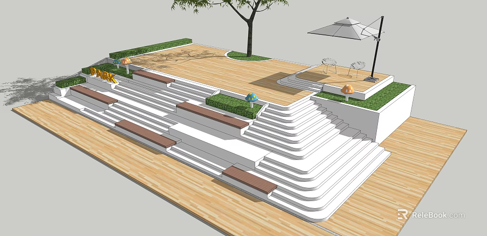 Modern Stairs With Wooden Deck Grass Benches Umbrella And Tree In Outdoor Space 3d model 