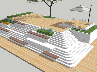 Modern Stairs With Wooden Deck Grass Benches Umbrella And Tree In Outdoor Space 3d model