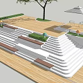 Modern Stairs With Wooden Deck Grass Benches Umbrella And Tree In Outdoor Space