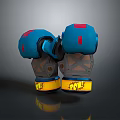 Blue And Gray Mechanical Gloves With Red Square Decorations And Yellow Text Accents