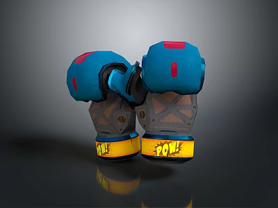 Blue And Gray Mechanical Gloves With Red Square Decorations And Yellow Text Accents 3d model
