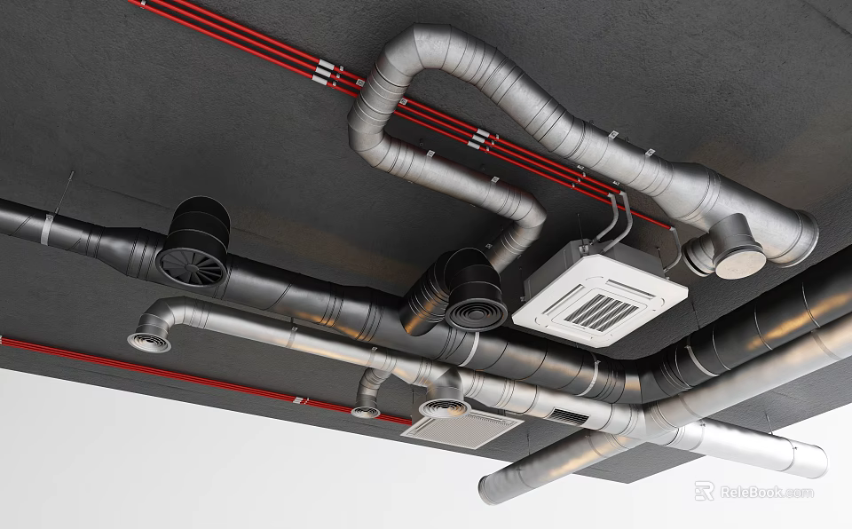 Industrial Ceiling Pipes And Ventilation System Setup 3d model 