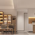 Modern Restaurant Interior With Open Kitchen Wooden Dining Table Pendant Lights And Wine Cabinet