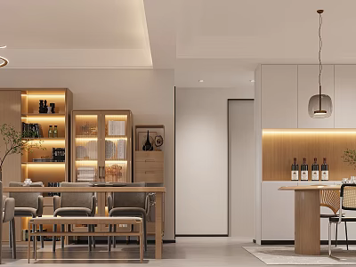 Modern Restaurant Interior With Open Kitchen Wooden Dining Table Pendant Lights And Wine Cabinet 3d model