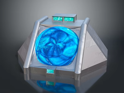 Futuristic Gate Design Featuring Blue Glowing Circular Element And Silver Metallic Frame 3d model