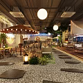 Relaxing Café Interior Design With Stone Path Lanterns Green Plants And Outdoor Style Seating