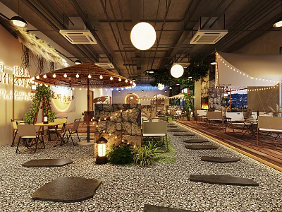 Relaxing Café Interior Design With Stone Path Lanterns Green Plants And Outdoor Style Seating 3d model