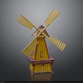 Small Vintage Decorative Windmill Model With Yellow Blades And Red Base
