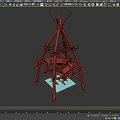 Stone Wood Structure with Pyramid Wooden Frame and Animal Stone Carvings