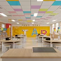 School Cafeteria Interior With Colorful Ceiling Yellow Walls Tables And Storage Cabinets