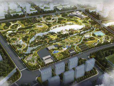 Scenic Urban Park Landscape With Green Spaces Lakes Walking Paths And Surrounding Urban Buildings 3d model