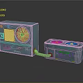 Graffiti Style Teal Computer Device With Two Part Fan Buttons Circular Ports And Connecting Tube