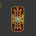 Ancient Roman Shield Weapon With Red Surface And Yellow Decorative Patterns And Silver Central Boss