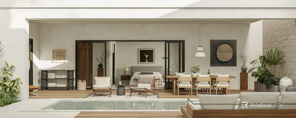 Modern Bedroom Interior With Wooden Furniture Floor to Ceiling Windows and Outdoor Pool View 3d model 
