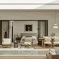 Modern Bedroom Interior With Wooden Furniture Floor to Ceiling Windows and Outdoor Pool View
