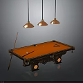 Orange Felt Billiard Table With Wooden Frame And Cue Stick Under Three Pendant Lights
