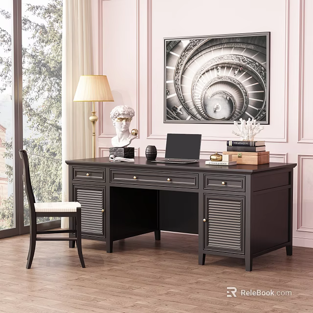 Dark Wood Desk With Laptop Table Lamp Books Sculpture And Wall Art 3d model 