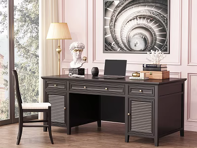 Dark Wood Desk With Laptop Table Lamp Books Sculpture And Wall Art 3d model