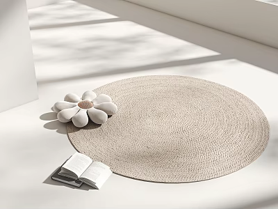 Woven Beige Round Area Rug with White Flower Shaped Cushion and Open Book in Sunlit Space 3d model