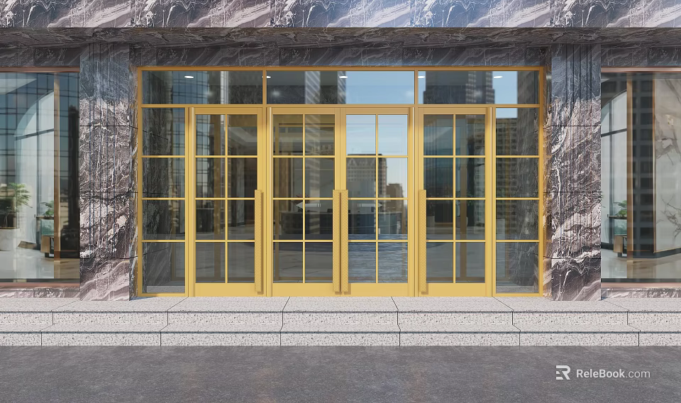 Yellow Glass Swing Doors For Building Entrance With Marble Wall And City Reflections 3d model 