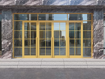 Yellow Glass Swing Doors For Building Entrance With Marble Wall And City Reflections 3d model