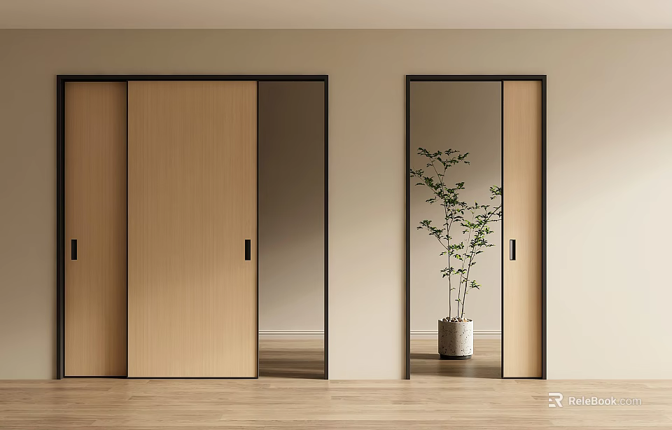 Wooden Sliding Doors With Mirrored Panels And Indoor Plant In Modern Interior 3d model 