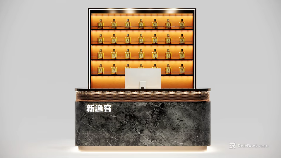 Elegant Reception Desk With Marble Countertop And Lighted Display Cabinet For Organized Bottles 3d model 