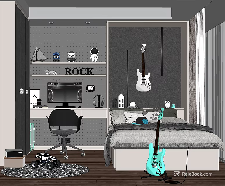 Rock Themed Kids Room Interior With Guitars Desk Chair Bed And Decorations 3d model 
