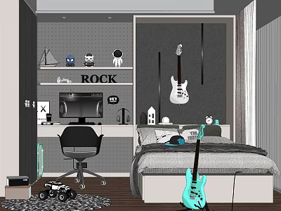 Rock Themed Kids Room Interior With Guitars Desk Chair Bed And Decorations 3d model