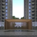 Tall Modern Apartment Building Entrance With Wooden Frame Glass Doors Water Pool And Pedestrians Walking