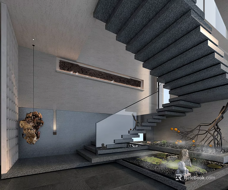 Modern Hotel Corridor Interior With Staircase Greenery Pendant Light And Decorative Stone 3d model 