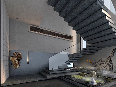 Modern Hotel Corridor Interior With Staircase Greenery Pendant Light And Decorative Stone 3d model