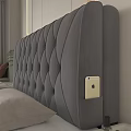 Gray Diamond Tufted Headboard Design With Side Pocket Golden Smartphone Bed Pillows And Plant